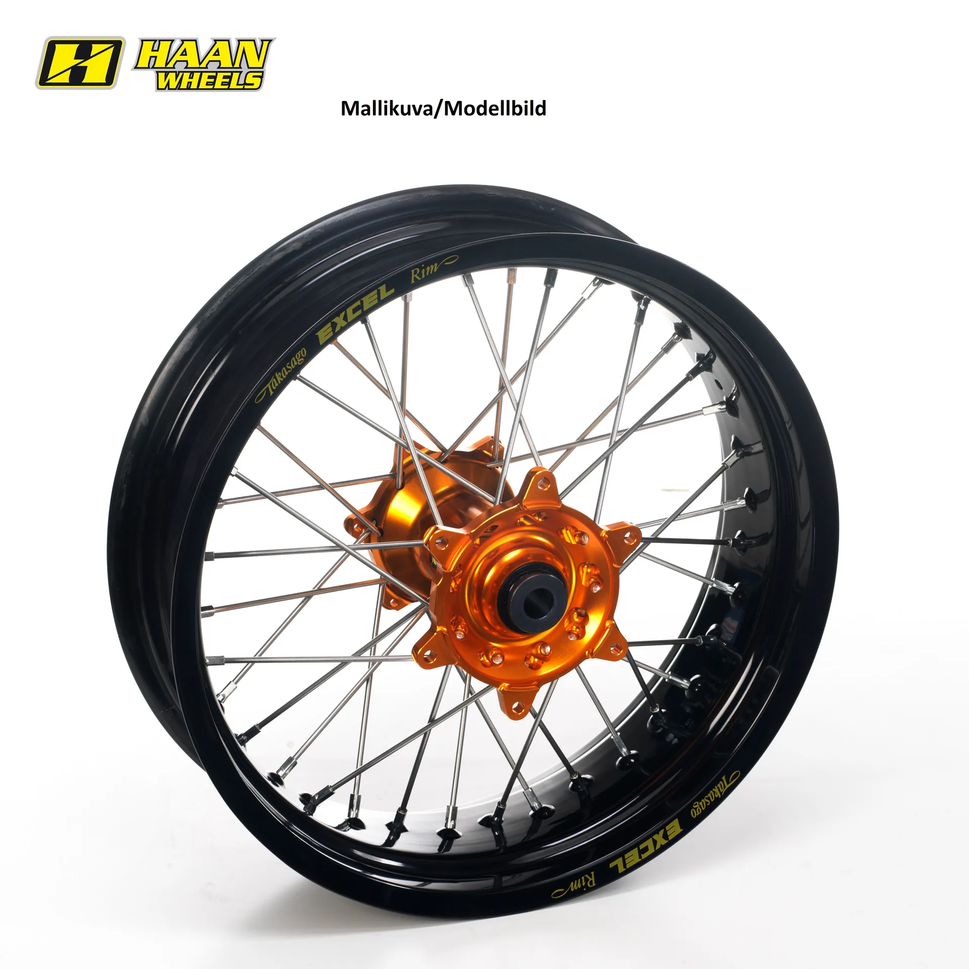 Haan hjul SX&SXF 15-/EXC 16- 17-3,50 ORANGE nav/sort fælg og eger/ORANGE NIPPL - Haan Wheels
